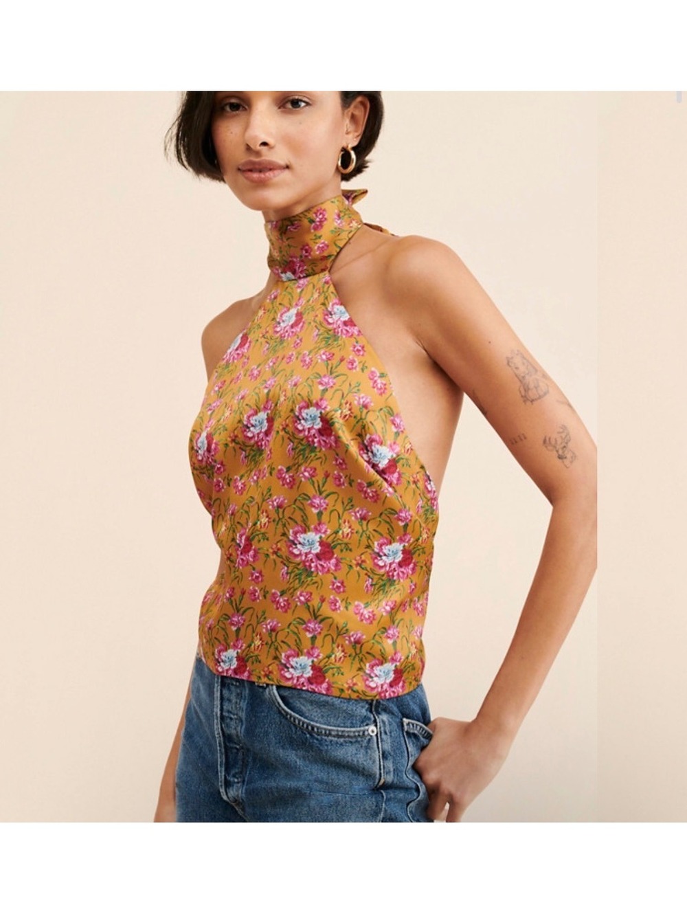 LoveShackFancy Women's Floral Halter Neck Backless Top Size L